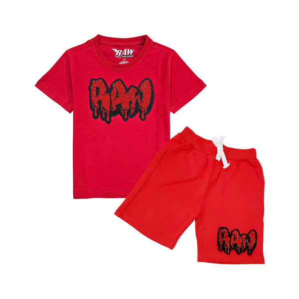 Kids RAW Drip Red Bling Crew Neck T-Shirt and Cotton Shorts Set - Rawyalty Clothing