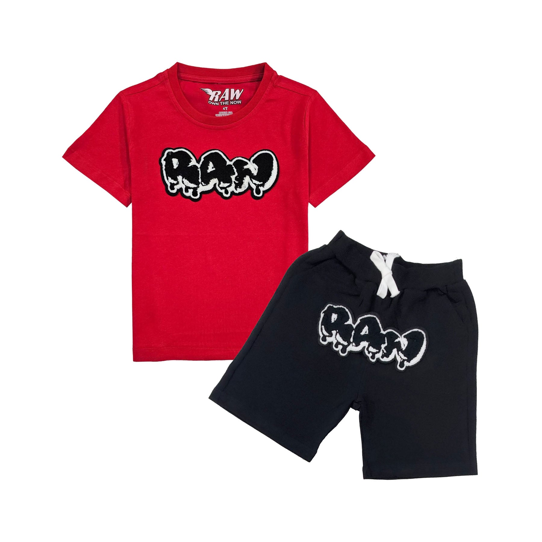 Kids RAW Drip Black Chenille Crew Neck T-Shirt and Cotton Shorts Set - Rawyalty Clothing