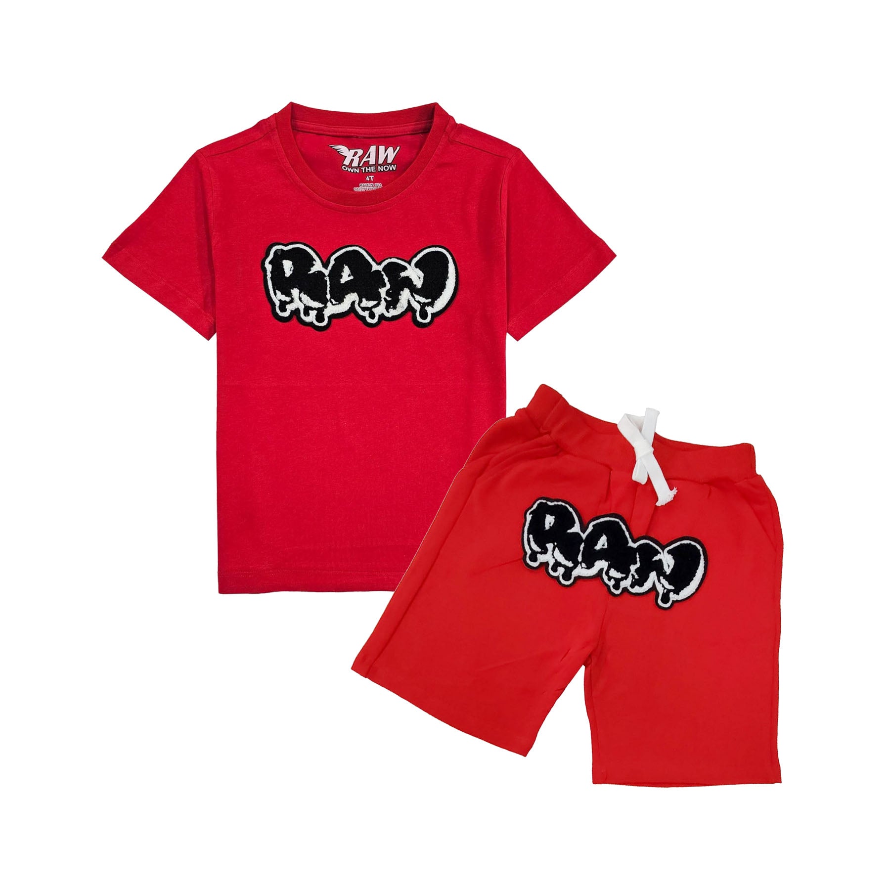 Kids RAW Drip Black Chenille Crew Neck T-Shirt and Cotton Shorts Set - Rawyalty Clothing