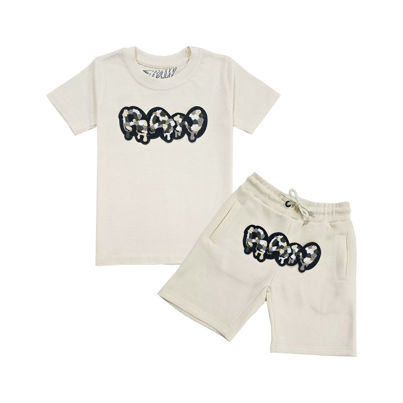 Kids RAW Drip Camo Grey Chenille Crew Neck T-Shirt and Cotton Shorts Set - Rawyalty Clothing