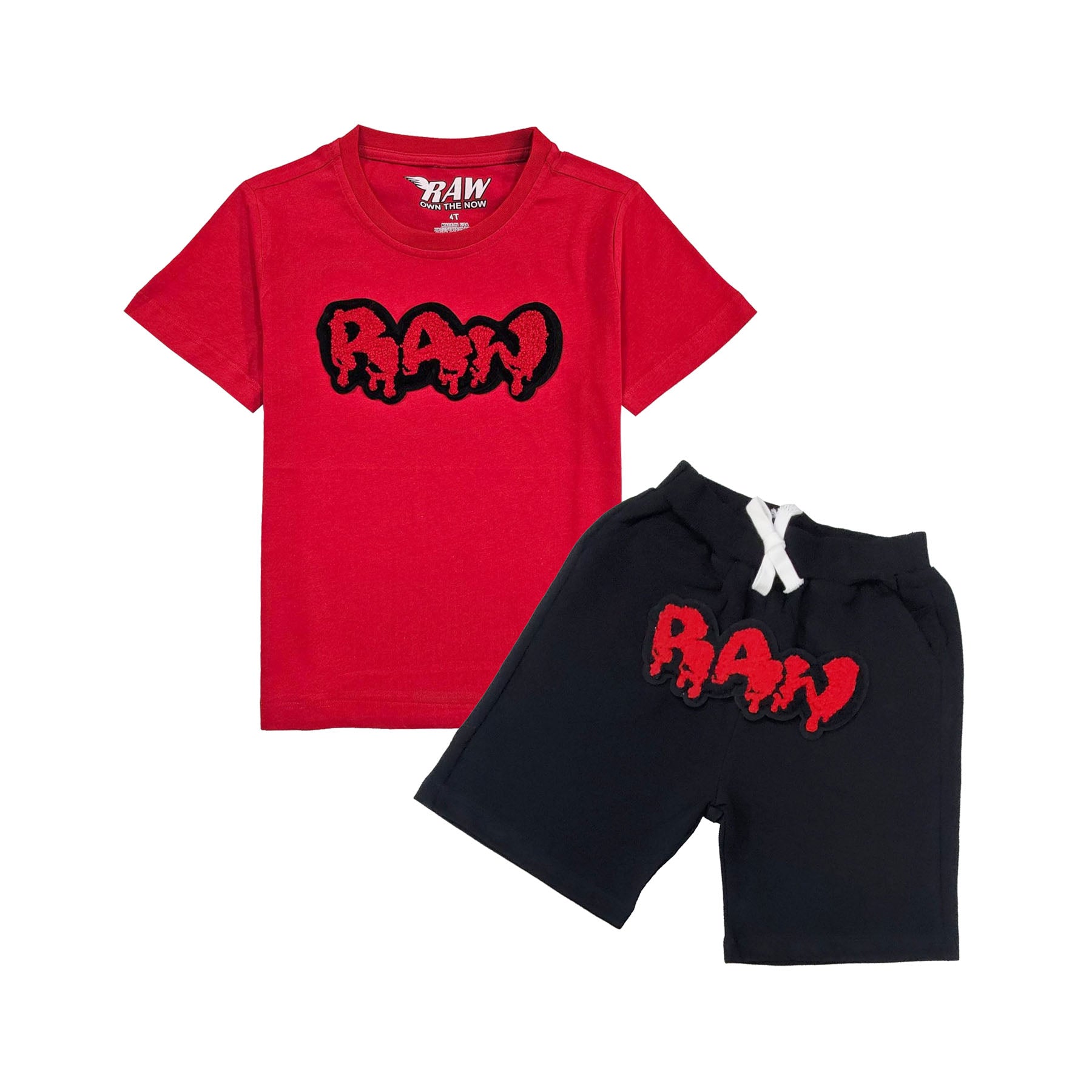 Kids RAW Drip Red Chenille Crew Neck T-Shirt and Cotton Shorts Set - Rawyalty Clothing