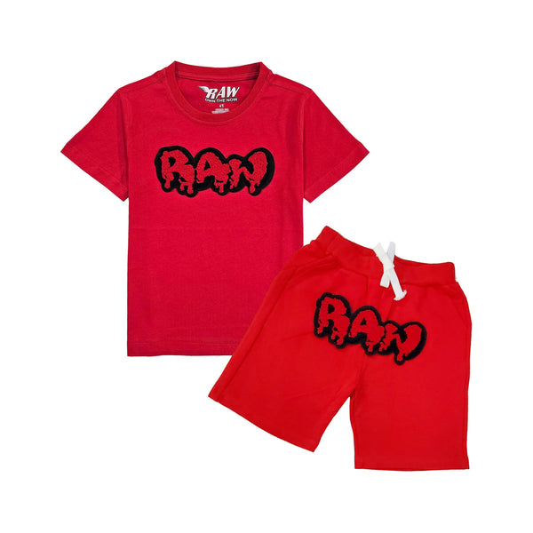 Kids RAW Drip Red Chenille Crew Neck T-Shirt and Cotton Shorts Set - Rawyalty Clothing