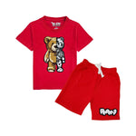 Kids Teddy Robot Chenille Crew Neck and RAW Drip White Chenille Cotton Shorts Set - Rawyalty Clothing