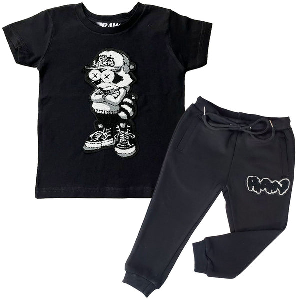 Kids Cash Addicted Chenille T-Shirts and RAW Drip Black Chenille Jogger Set - Rawyalty Clothing