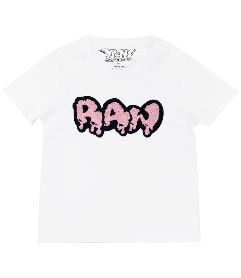 Kids RAW Drip Pink Chenille Crew Neck - White - Rawyalty Clothing