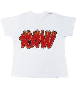 Kids RAW Flame Red Chenille Crew Neck - White - Rawyalty Clothing