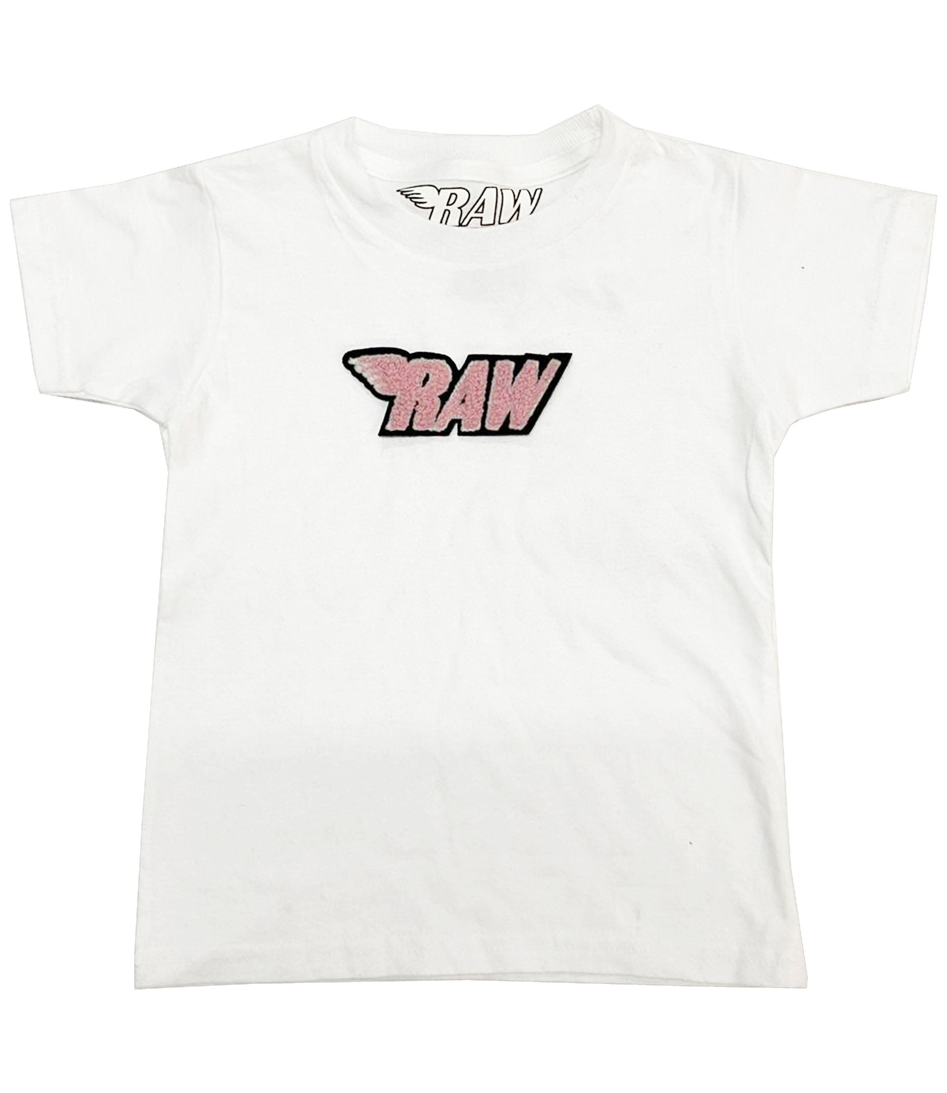 Kids RAW Wing Pink Chenille Crew Neck - White - Rawyalty Clothing