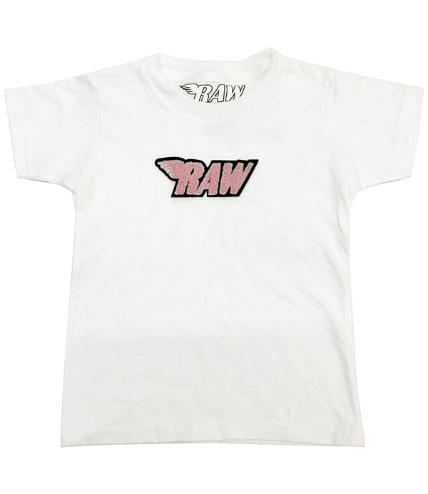 Kids RAW Wing Pink Chenille Crew Neck - White - Rawyalty Clothing