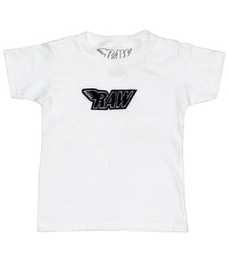 Kids RAW Wing Black Chenille Crew Neck - White - Rawyalty Clothing