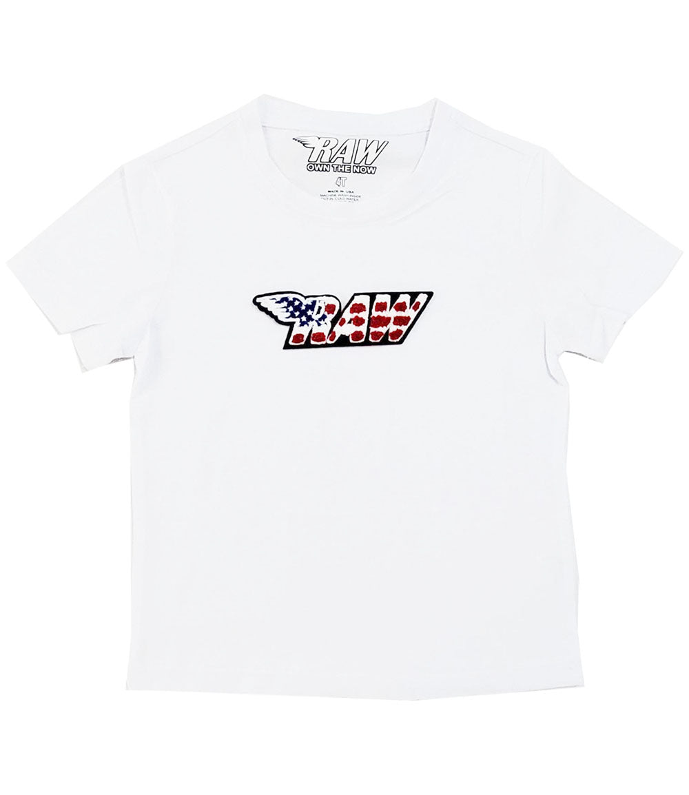 Kids RAW Wing USA Chenille Crew Neck - White - Rawyalty Clothing