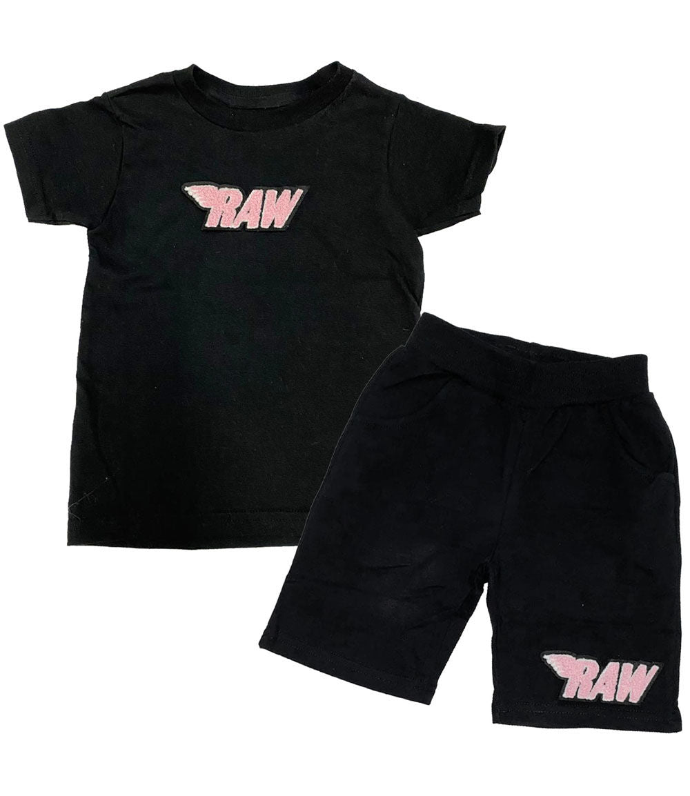 Kids RAW Pink Chenille Crew Neck and Cotton Shorts Set - Black Tees / Black Shorts - Rawyalty Clothing