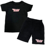 Kids RAW Pink Chenille Crew Neck and Cotton Shorts Set - Black Tees / Black Shorts - Rawyalty Clothing