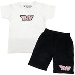 Kids RAW Pink Chenille Crew Neck and Cotton Shorts Set - White Tees / Black Shorts - Rawyalty Clothing