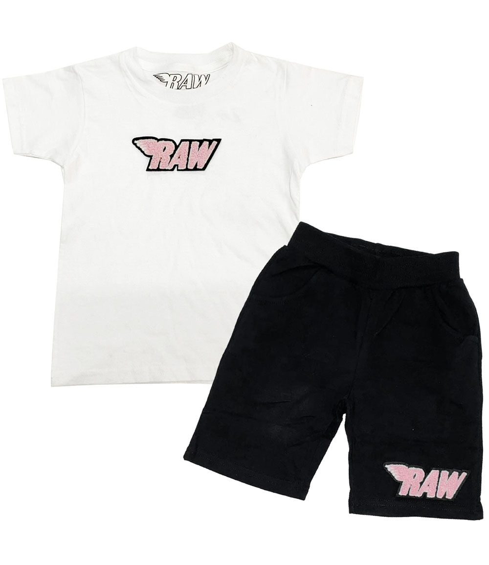 Kids RAW Pink Chenille Crew Neck and Cotton Shorts Set - White Tees / Black Shorts - Rawyalty Clothing