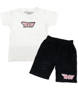 Kids RAW Pink Chenille Crew Neck and Cotton Shorts Set - White Tees / Black Shorts - Rawyalty Clothing