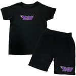 Kids RAW Purple Chenille Crew Neck and Cotton Shorts Set - Black Tees / Black Shorts - Rawyalty Clothing