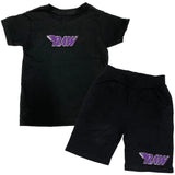 Kids RAW Purple Chenille Crew Neck and Cotton Shorts Set - Black Tees / Black Shorts - Rawyalty Clothing