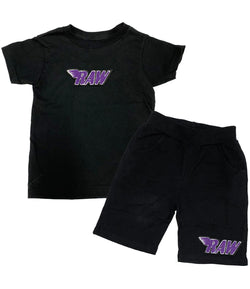 Kids RAW Purple Chenille Crew Neck and Cotton Shorts Set - Black Tees / Black Shorts - Rawyalty Clothing