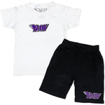 Kids RAW Purple Chenille Crew Neck and Cotton Shorts Set - White Tees / Black Shorts - Rawyalty Clothing