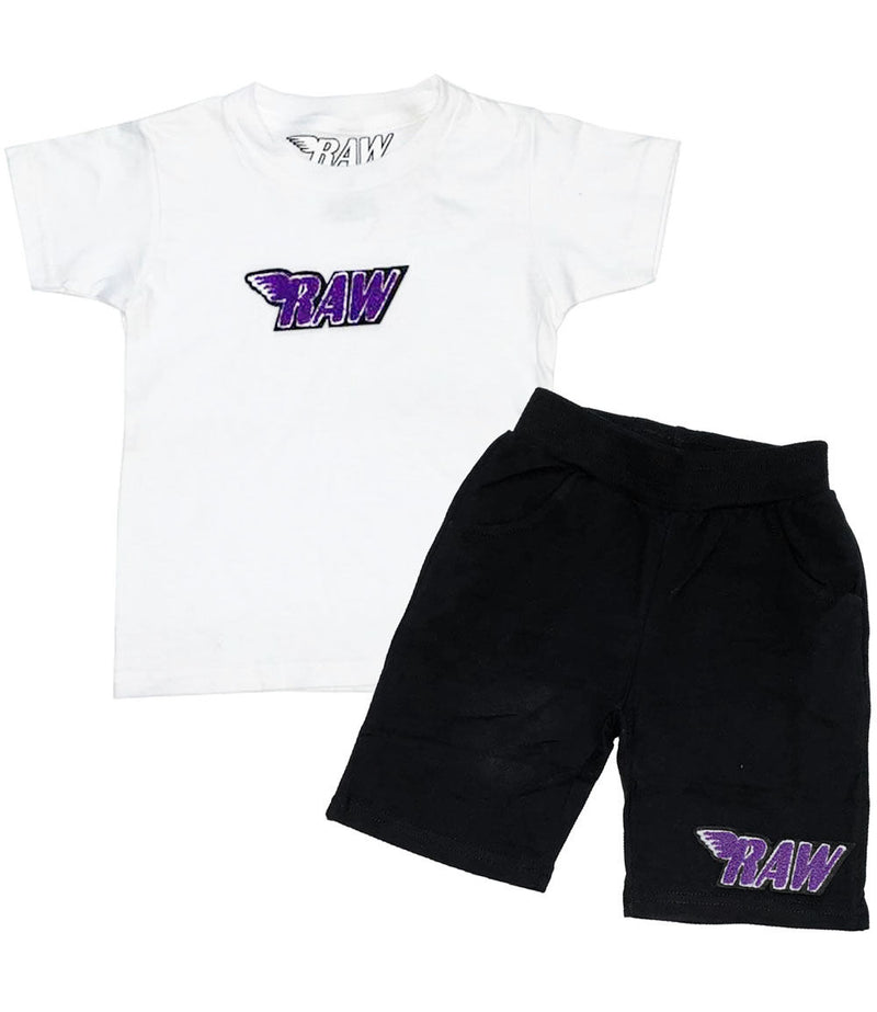 Kids RAW Purple Chenille Crew Neck and Cotton Shorts Set - White Tees / Black Shorts - Rawyalty Clothing