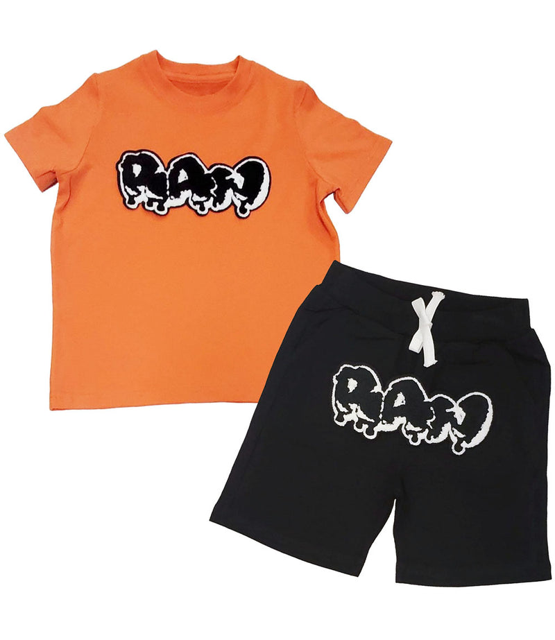 Kids RAW Drip Black Chenille Crew Neck T-Shirt and Cotton Shorts Set - Rawyalty Clothing