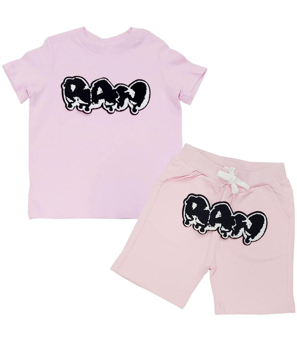 Kids RAW Drip Black Chenille Crew Neck T-Shirt and Cotton Shorts Set - Rawyalty Clothing
