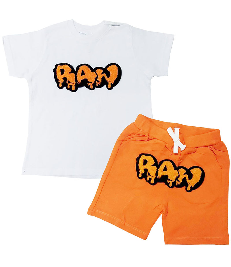 Kids RAW Drip Orange Chenille Crew Neck and Cotton Shorts Set - White Tees / Orange Shorts - Rawyalty Clothing