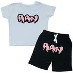 Kids RAW Drip Pink Chenille Crew Neck and Cotton Shorts Set - Light Blue Tees / Black Shorts - Rawyalty Clothing