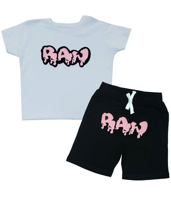 Kids RAW Drip Pink Chenille Crew Neck and Cotton Shorts Set - Light Blue Tees / Black Shorts - Rawyalty Clothing