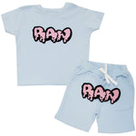 Kids RAW Drip Pink Chenille Crew Neck and Cotton Shorts Set - Light Blue Tees / Light Blue Shorts - Rawyalty Clothing