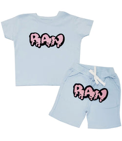 Kids RAW Drip Pink Chenille Crew Neck and Cotton Shorts Set - Light Blue Tees / Light Blue Shorts - Rawyalty Clothing