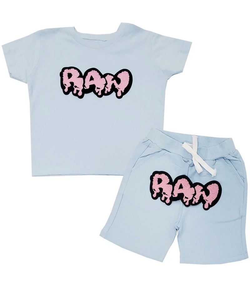 Kids RAW Drip Pink Chenille Crew Neck and Cotton Shorts Set - Light Blue Tees / Light Blue Shorts - Rawyalty Clothing