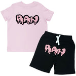 Kids RAW Drip Pink Chenille Crew Neck and Cotton Shorts Set - Pink Tees / Black Shorts - Rawyalty Clothing