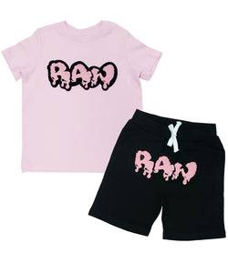 Kids RAW Drip Pink Chenille Crew Neck and Cotton Shorts Set - Pink Tees / Black Shorts - Rawyalty Clothing