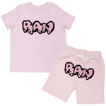 Kids RAW Drip Pink Chenille Crew Neck and Cotton Shorts Set - Pink Tees / Pink Shorts - Rawyalty Clothing