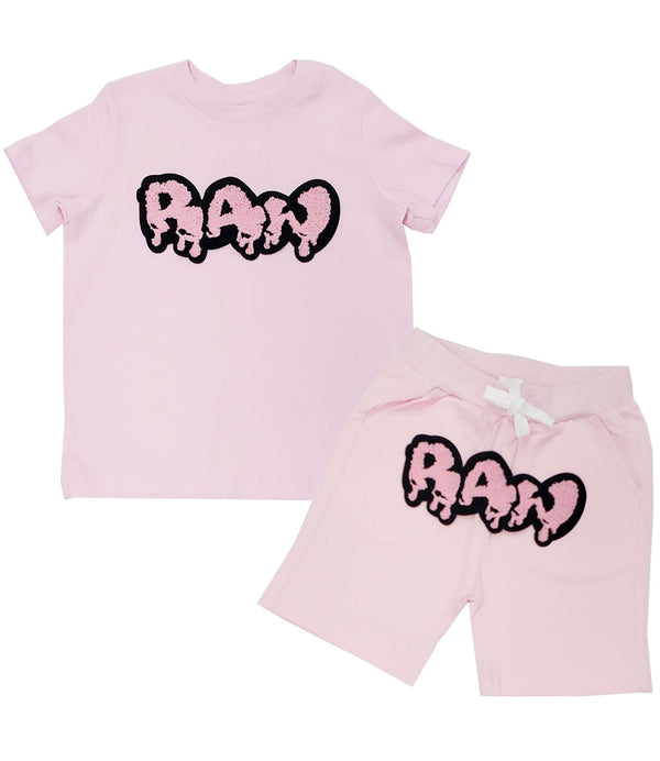 Kids RAW Drip Pink Chenille Crew Neck and Cotton Shorts Set - Pink Tees / Pink Shorts - Rawyalty Clothing