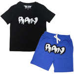 Kids RAW Drip White Chenille Crew Neck and Cotton Shorts Set - Black Tees / Royal Shorts - Rawyalty Clothing