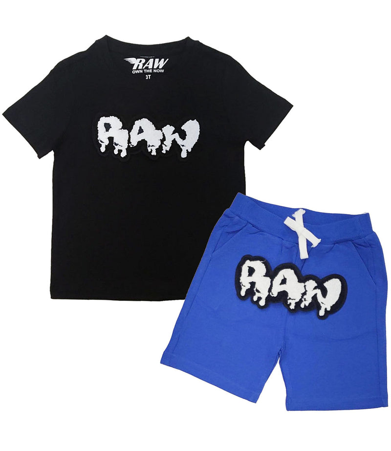 Kids RAW Drip White Chenille Crew Neck and Cotton Shorts Set - Black Tees / Royal Shorts - Rawyalty Clothing