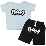 Kids RAW Drip White Chenille Crew Neck and Cotton Shorts Set - Light Blue Tees / Black Shorts - Rawyalty Clothing