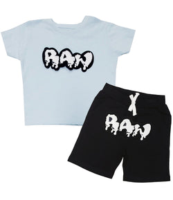 Kids RAW Drip White Chenille Crew Neck and Cotton Shorts Set - Light Blue Tees / Black Shorts - Rawyalty Clothing