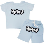 Kids RAW Drip White Chenille Crew Neck and Cotton Shorts Set - Light Blue Tees / Light Blue Shorts - Rawyalty Clothing
