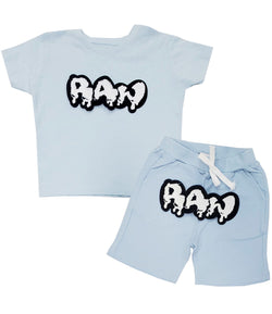 Kids RAW Drip White Chenille Crew Neck and Cotton Shorts Set - Light Blue Tees / Light Blue Shorts - Rawyalty Clothing
