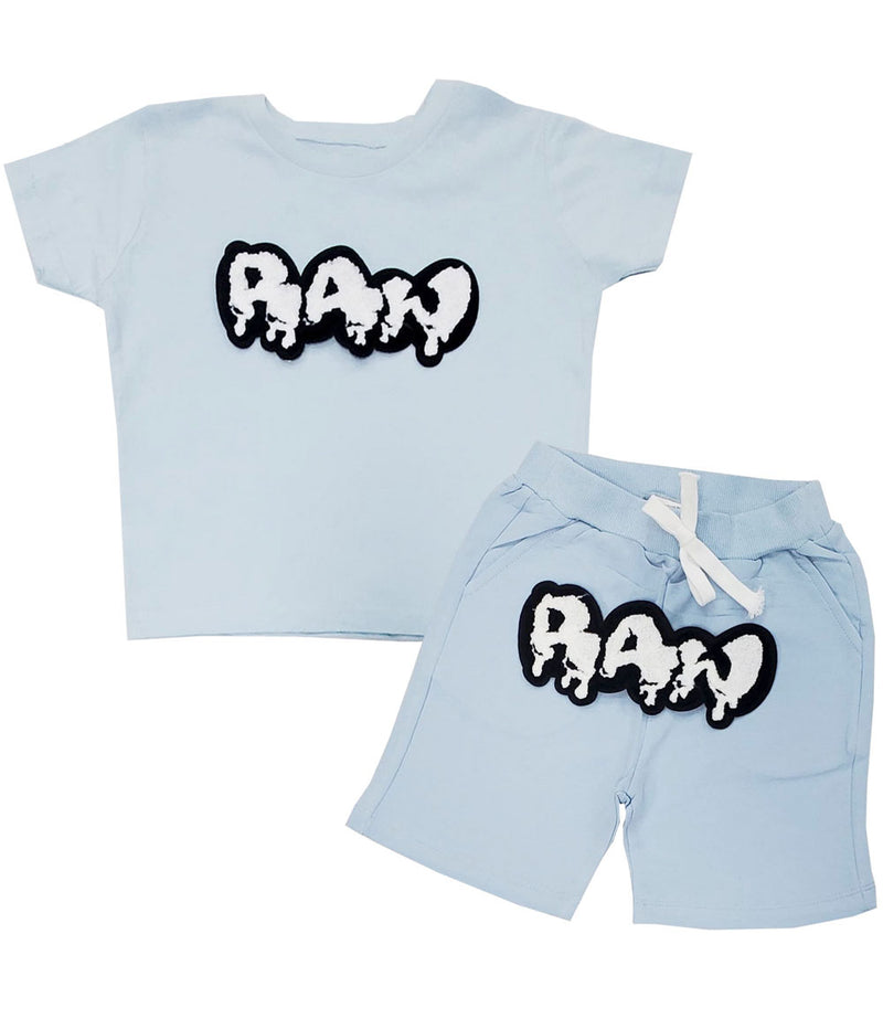 Kids RAW Drip White Chenille Crew Neck and Cotton Shorts Set - Light Blue Tees / Light Blue Shorts - Rawyalty Clothing
