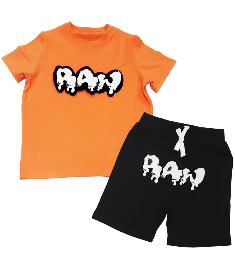 Kids RAW Drip White Chenille Crew Neck and Cotton Shorts Set - Orange Tees / Black Shorts - Rawyalty Clothing