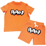Kids RAW Drip White Chenille Crew Neck and Cotton Shorts Set - Orange Tees / Orange Shorts - Rawyalty Clothing