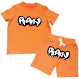 Kids RAW Drip White Chenille Crew Neck and Cotton Shorts Set - Orange Tees / Orange Shorts - Rawyalty Clothing
