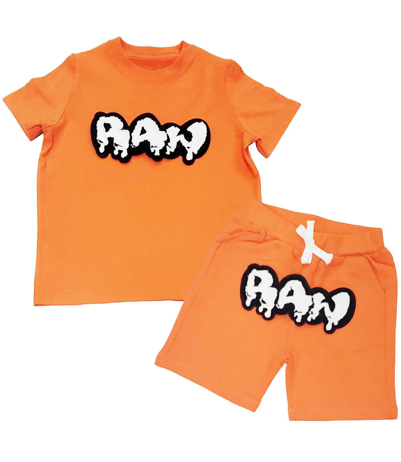Kids RAW Drip White Chenille Crew Neck and Cotton Shorts Set - Orange Tees / Orange Shorts - Rawyalty Clothing