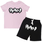 Kids RAW Drip White Chenille Crew Neck and Cotton Shorts Set - Pink Tees / Black Shorts - Rawyalty Clothing