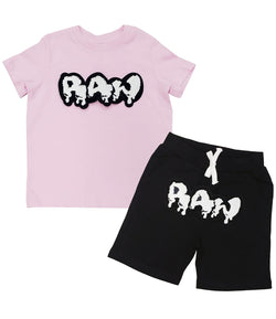 Kids RAW Drip White Chenille Crew Neck and Cotton Shorts Set - Pink Tees / Black Shorts - Rawyalty Clothing