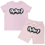 Kids RAW Drip White Chenille Crew Neck and Cotton Shorts Set - Pink Tees / Pink Shorts - Rawyalty Clothing